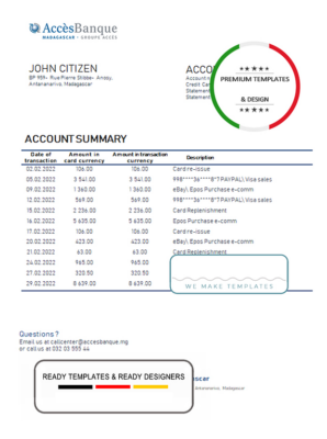 Madagascar Acces Banque bank statement template in Word and PDF format