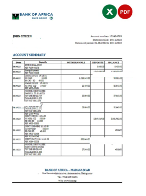 Madagascar Bank of Africa bank statement Excel and PDF template