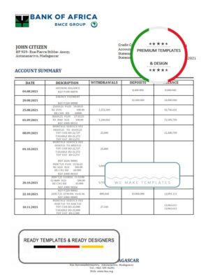 Madagascar Bank of Africa bank statement template in Word and PDF format