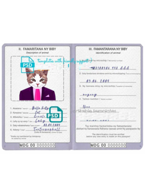 Madagascar cat (animal, pet) passport PSD template, fully editable