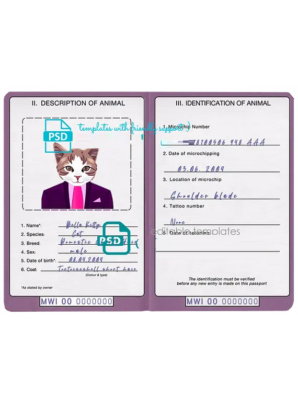 Malawi cat (animal, pet) passport PSD template, completely editable