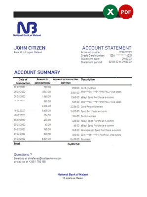 Malawi National Bank of Malawi bank statement Excel and PDF template