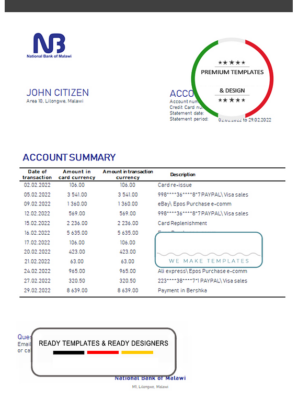 Malawi National Bank of Malawi bank statement template in Word and PDF format