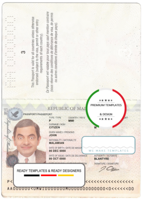 Malawi passport template in Word and PDF format, fully editable