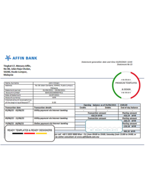 Malaysia Affin bank statement template in Word and PDF format