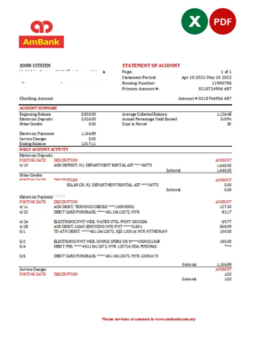 Malaysia AmBank bank statement Excel and PDF template