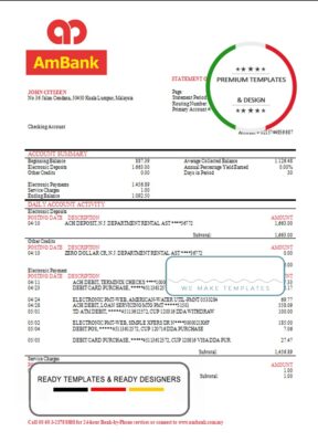 Malaysia Ambank bank statement template, Word and PDF format (.doc and .pdf)