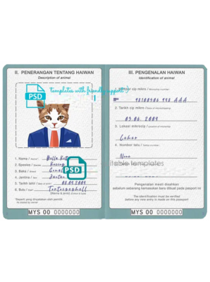 Malaysia cat (animal, pet) passport PSD template, completely editable