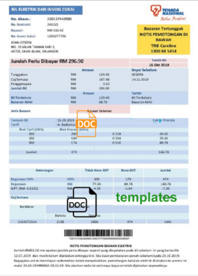 Malaysia Tenaga Nasional electricity utility bill template in Word and PDF format