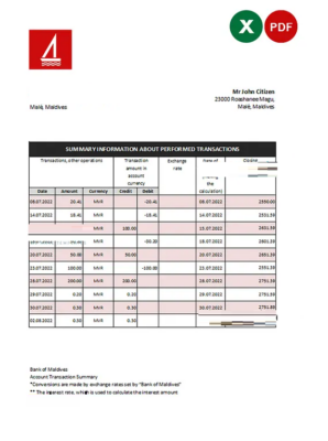 Maldives Bank of Maldives bank statement Excel and PDF template