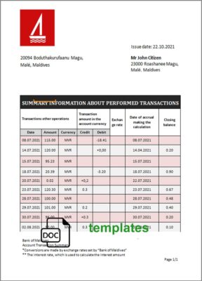 Maldives Bank of Maldives bank statement template in Word and PDF format