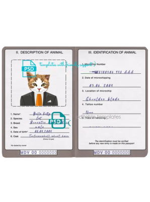 Maldives cat (animal, pet) passport PSD template, fully editable