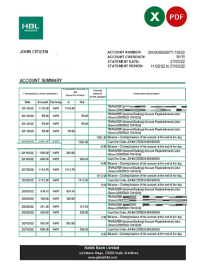 Maldives HBL bank statement Excel and PDF template