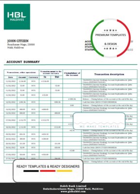 Maldives HBL bank statement template in Word and PDF format