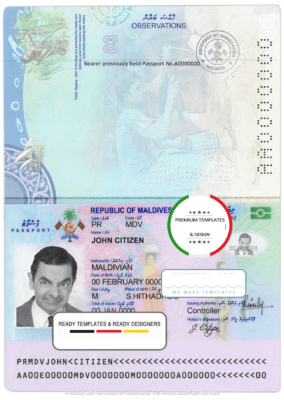 Maldives passport template in PSD format, fully editable, with all fonts