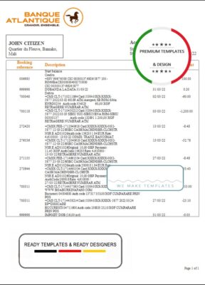 Mali Banque Atlantiaque bank statement template in Word and PDF format, .doc and .pdf format