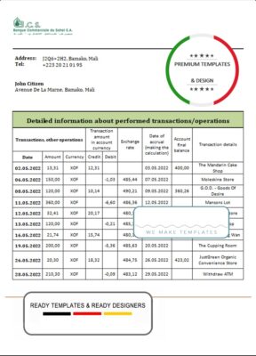 Mali Banque Commerciale du Sahel bank statement template in Word and PDF format, .doc and .pdf format