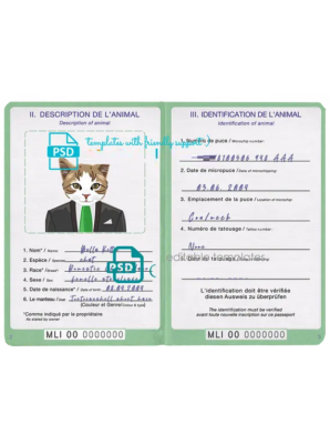 Mali cat (animal, pet) passport PSD template, completely editable