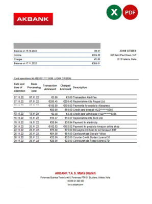 Malta Akbank bank statement Excel and PDF template