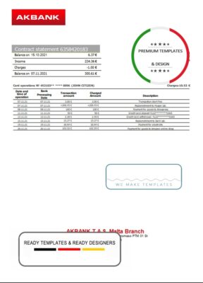 Malta Akbank bank statement template in Word and PDF format