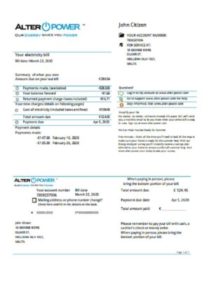 Malta AlterPower Malta proof of address utility bill template in Word and PDF format