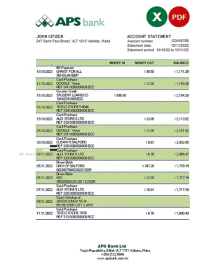 Malta APS bank statement Excel and PDF template