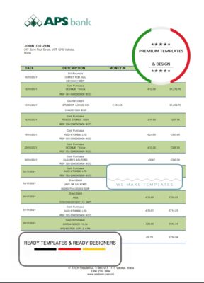 Malta APS bank statement template in Word and PDF format