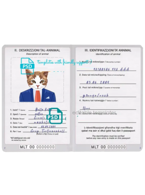 Malta cat (animal, pet) passport PSD template, completely editable