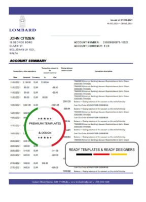 Malta Lombard Bank Malta p.l.c. bank statement easy to fill template in .xls and .pdf file format