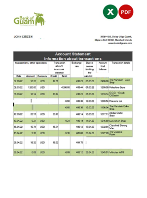 Marshall Islands Bank of Guam bank statement Excel and PDF template