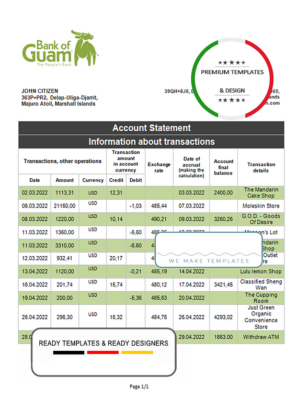 Marshall Islands Bank of Guam bank statement template in Word and PDF format