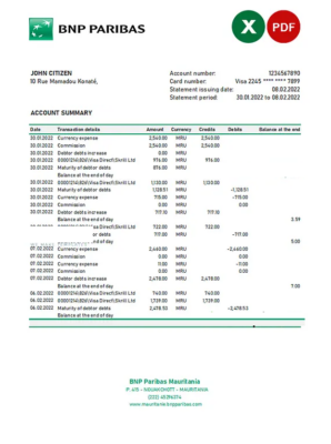 Mauritania BNP Paribas bank statement Excel and PDF template