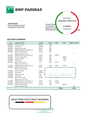 Mauritania BNP Paribas bank statement template in Word and PDF format