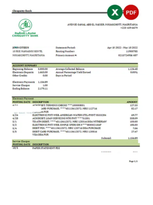 Mauritania Chinguitty bank statement Excel and PDF template