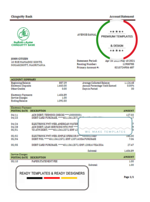 Mauritania Chinguitty bank statement template in Word and PDF format