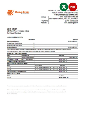 Mauritius Bank of Baroda bank statement Excel and PDF template