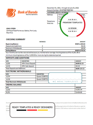 Mauritius Bank of Boroda bank statement template in Word and PDF format