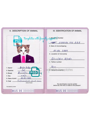 Mauritius cat (animal, pet) passport PSD template, fully editable