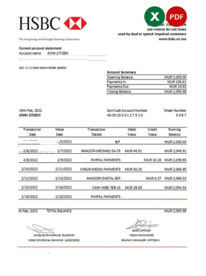 Mauritius HSBC bank statement Excel and PDF template