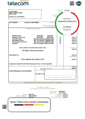 Mauritius Telecom Mauritius utility bill template in Word and PDF format