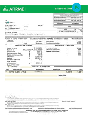 Mexico Afirme bank account statement PSD template, fully editable