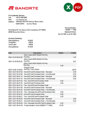 Mexico Banorte bank statement Excel and PDF template