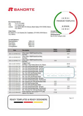 Mexico Banorte bank statement template in Word and PDF format