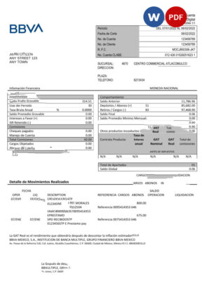 Mexico BBVA bank statement Word and PDF template, fully editable