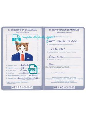 Mexico cat (animal, pet) passport PSD template, completely editable