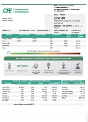 Mexico Electricity CFE utility bill template in Word and PDF format, fully editable