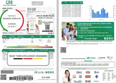 Mexico Federal Electricity Commission (CFE) utility bill template in Word format, 2 pages