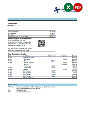 Mexico Inbursa bank statement Excel and PDF template, version 2