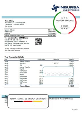 Mexico Inbursa bank statement template in Word and PDF format