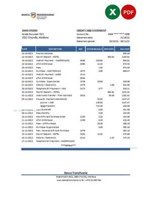 Moldova Banca Transilvania bank statement Excel and PDF template